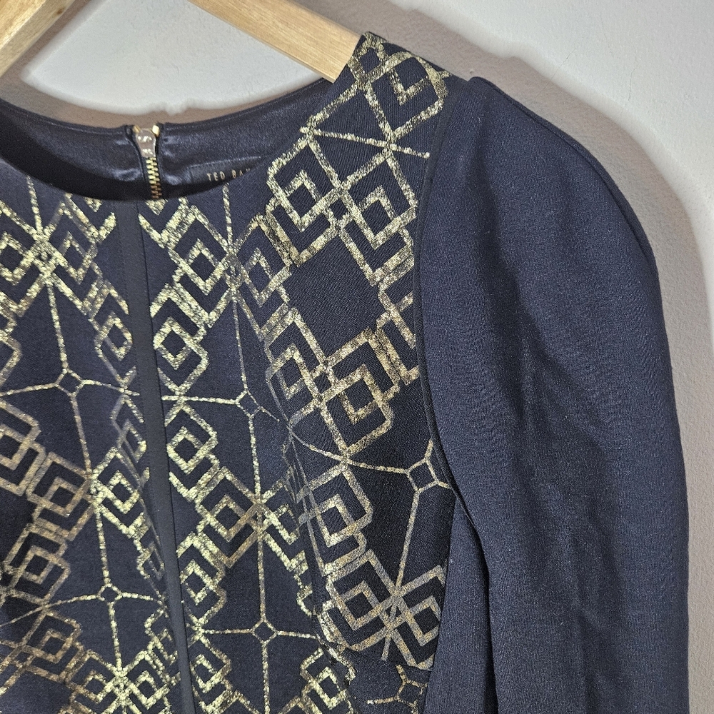 Ted Baker Knit Sheath Dress Black Gold Midi Long Sleeve Bodycon Women's 6 - Picture 4 of 9